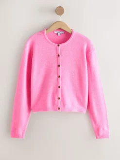 Fluro Pink Crew Neck Knitted Cardigan With Wool