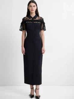 French Connection Black Miles Lace Mix Midi Dress