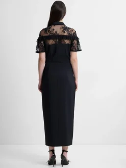 French Connection Black Miles Lace Mix Midi Dress