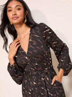 Friends Like These Animal Petite Long Sleeve Tie Waist Button Up Textured Midi Dress