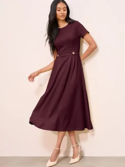 Friends Like These Berry Red Petite Tab Detail Short Sleeve Midi Tailored Dress