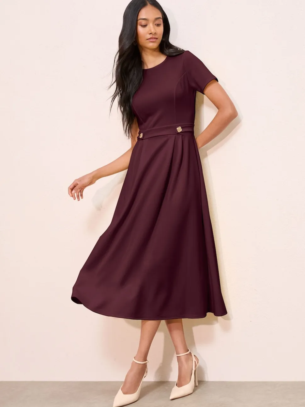 Friends Like These Berry Red Petite Tab Detail Short Sleeve Midi Tailored Dress