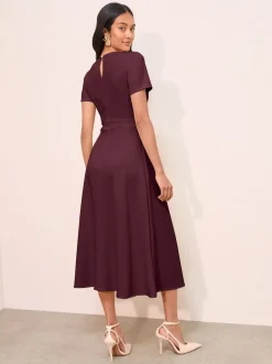 Friends Like These Berry Red Petite Tab Detail Short Sleeve Midi Tailored Dress