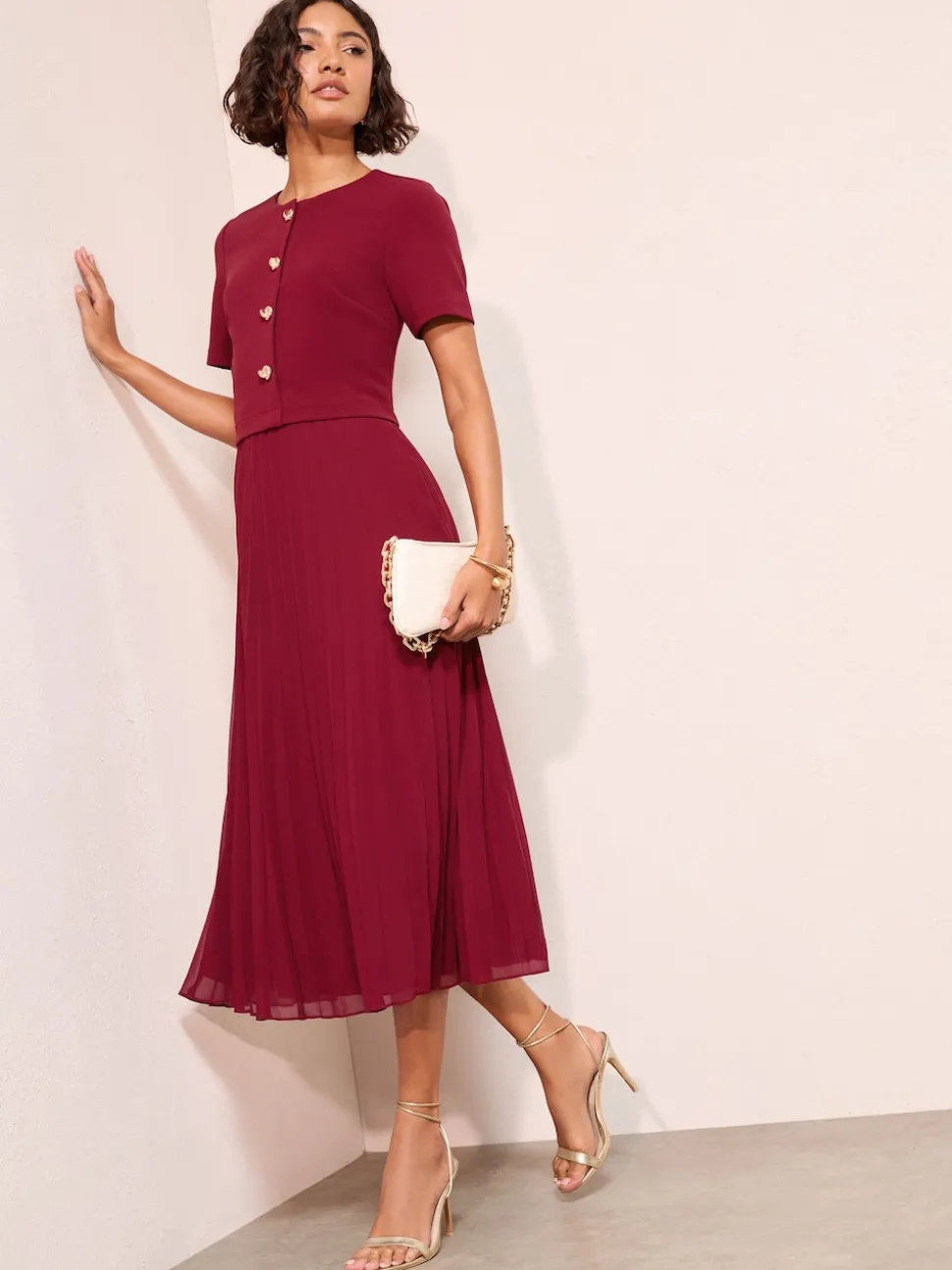 Friends Like These Berry Red Button Down 2-In-1 Pleated Dress