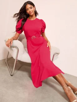 Friends Like These Berry Red Ruched Short Sleeve Belted Midi Dress