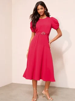 Friends Like These Berry Red Ruched Short Sleeve Belted Midi Dress