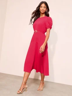 Friends Like These Berry Red Ruched Short Sleeve Belted Midi Dress