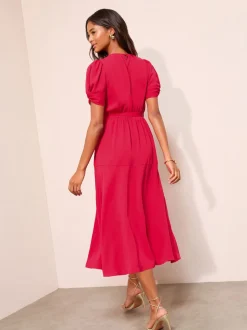 Friends Like These Berry Red Ruched Short Sleeve Belted Midi Dress
