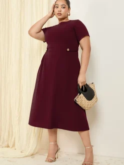 Friends Like These Berry Red Curve Tab Detail Short Sleeve Midi Tailored Dress