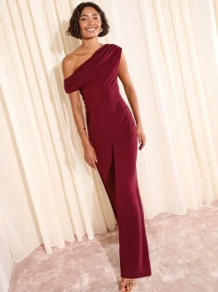Friends Like These Berry Red Petite Off The Shoulder Scuba Wide Leg Jumpsuit