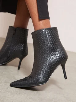 Friends Like These Black Faux Leather Mid Heel Smart Point Toe Woven Ankle Boots