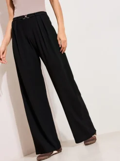 Friends Like These Black Crinkle Jersey Wide Leg Trousers with Buckle Front