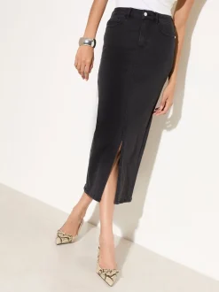 Friends Like These Black Petite Split Front Denim Midi Skirt