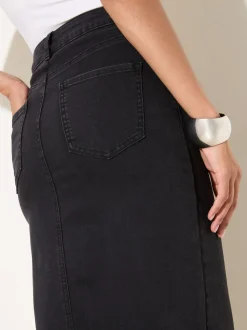 Friends Like These Black Petite Split Front Denim Midi Skirt