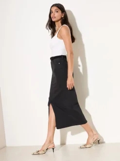 Friends Like These Black Petite Split Front Denim Midi Skirt