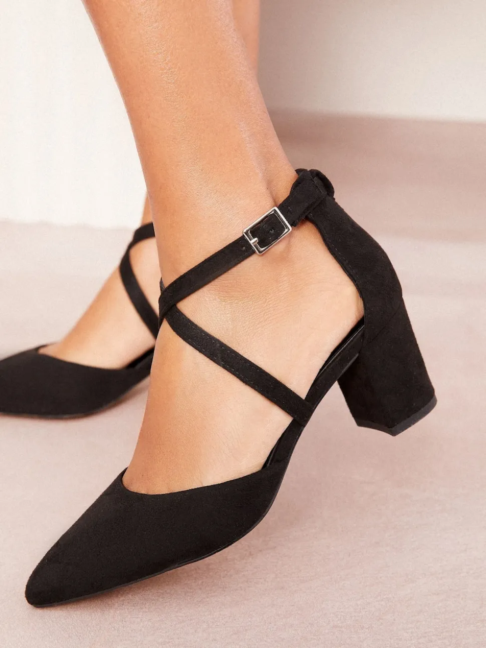 Friends Like These Black Standard Fit Block Heel Cross Strap Court Shoes