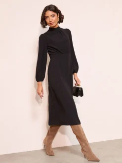 Friends Like These Black High Neck Long Sleeve Midi Dress with Bow Detailing
