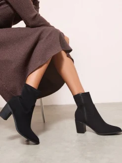 Friends Like These Black Faux Suede Mid Heel Western Style Smart Sock Ankle Boots
