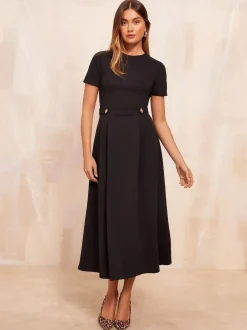 Friends Like These Black Petite Tab Detail Short Sleeve Midi Tailored Dress