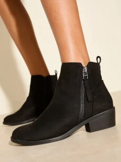 Friends Like These Black Wide Fit Mid Block Heel Side Zip Faux Suede Cuban Boots