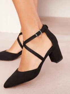 Friends Like These Black Wide Fit Block Heel Cross Strap Court Shoes