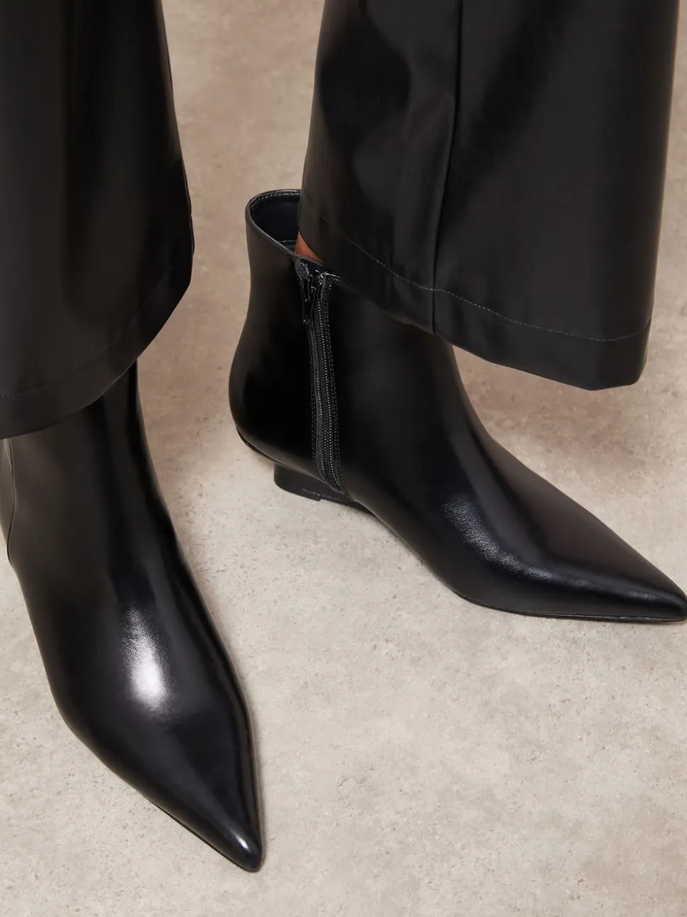 Friends Like These Black Faux Leather Low Wedge Formal Point Toe Ankle Boots