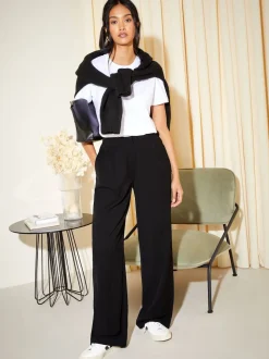 Friends Like These Black Petite Premium Elastic Back Tailored Wide Leg Trousers