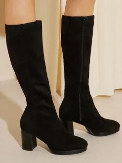 Friends Like These Black Wide Fit Platform Block Heel Knee High Faux Suede Long Boots