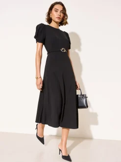 Friends Like These Black Ruched Short Sleeve Belted Midi Dress