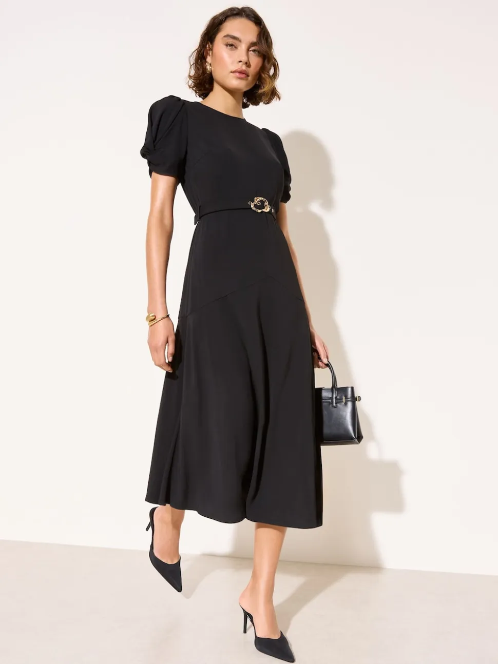 Friends Like These Black Ruched Short Sleeve Belted Midi Dress