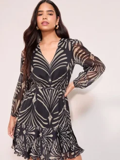 Friends Like These Black Mono Petite Long Sleeve Chiffon Pleated Hem Geo Mini Dress