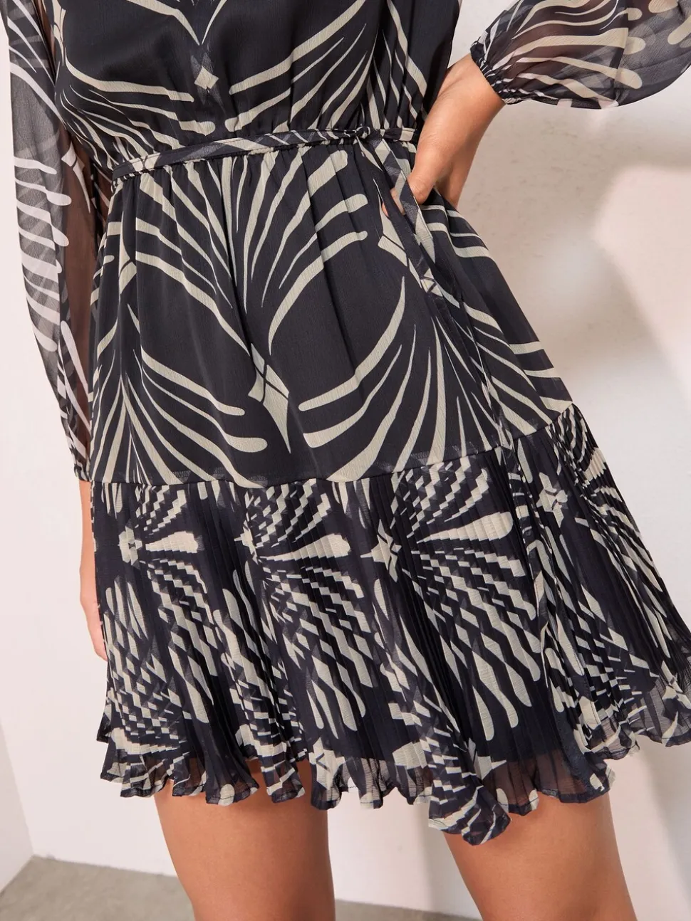 Friends Like These Black Mono Petite Long Sleeve Chiffon Pleated Hem Geo Mini Dress