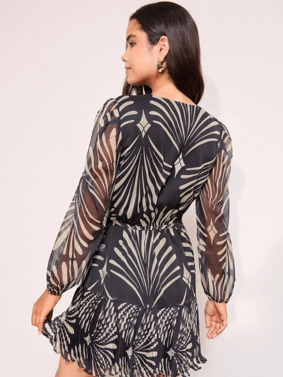 Friends Like These Black Mono Petite Long Sleeve Chiffon Pleated Hem Geo Mini Dress