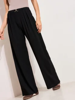 Friends Like These Black Petite Crinkle Jersey Wide Leg Trousers with Buckle Front
