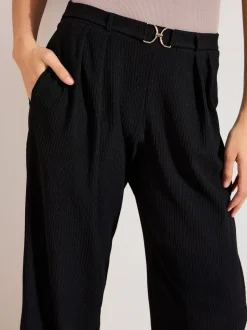 Friends Like These Black Petite Crinkle Jersey Wide Leg Trousers with Buckle Front
