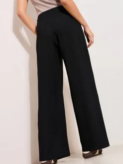 Friends Like These Black Petite Crinkle Jersey Wide Leg Trousers with Buckle Front