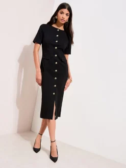 Friends Like These Black Sculpting Stretch Button Midi Dress