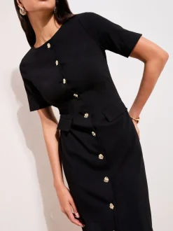 Friends Like These Black Sculpting Stretch Button Midi Dress