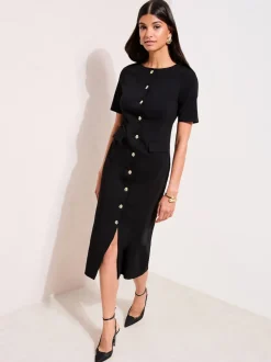 Friends Like These Black Sculpting Stretch Button Midi Dress