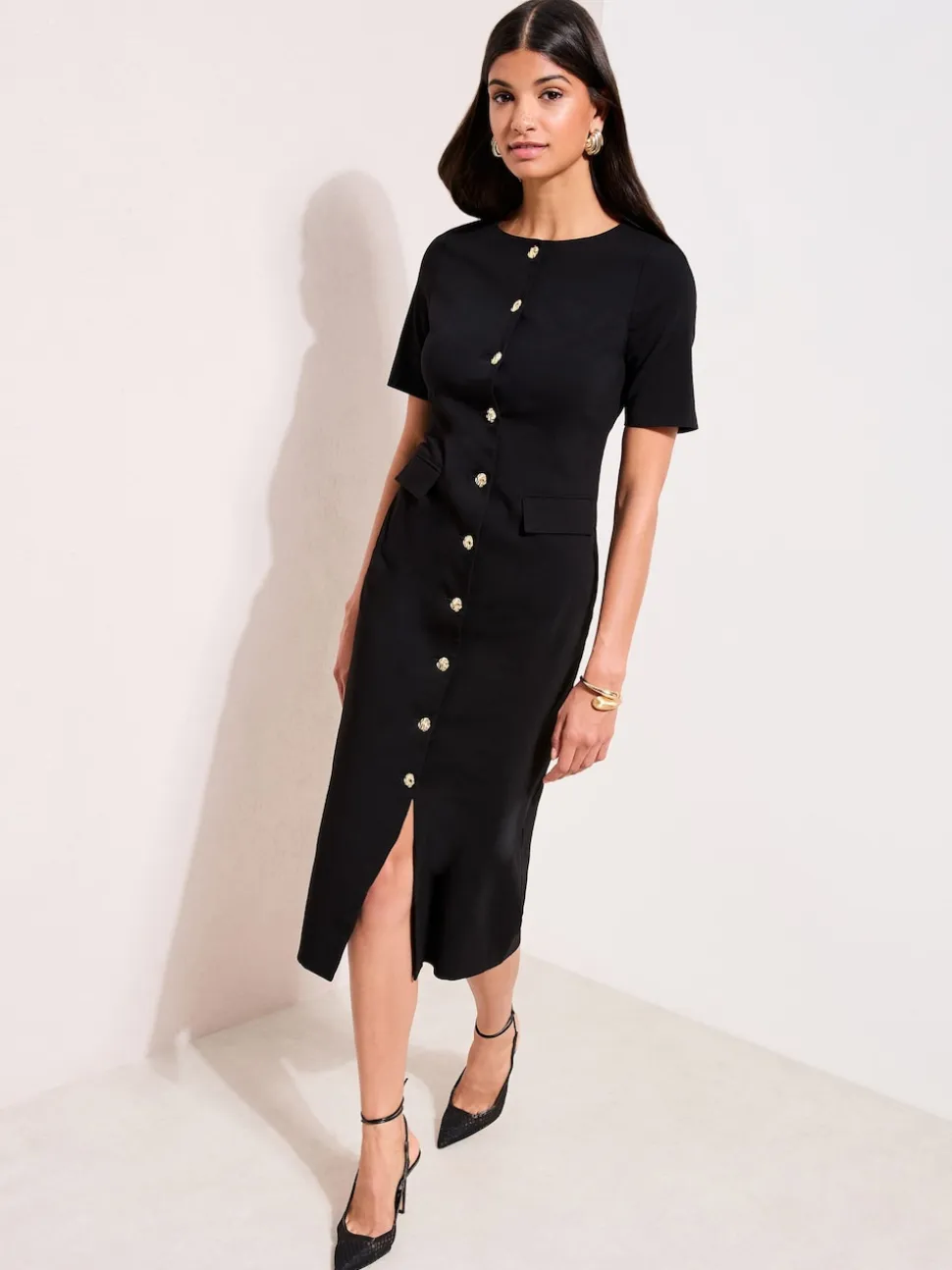 Friends Like These Black Sculpting Stretch Button Midi Dress