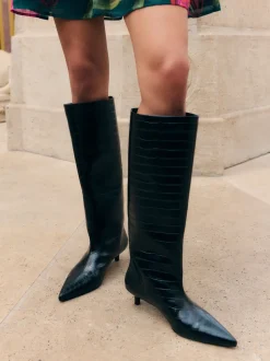 Friends Like These Black Faux Croc Leather Kitten Heel Formal Knee High Shaft Long Boots