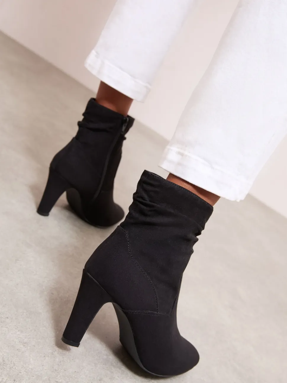 Friends Like These Black Mid Heel Ruched Faux Suede Ankle Boots