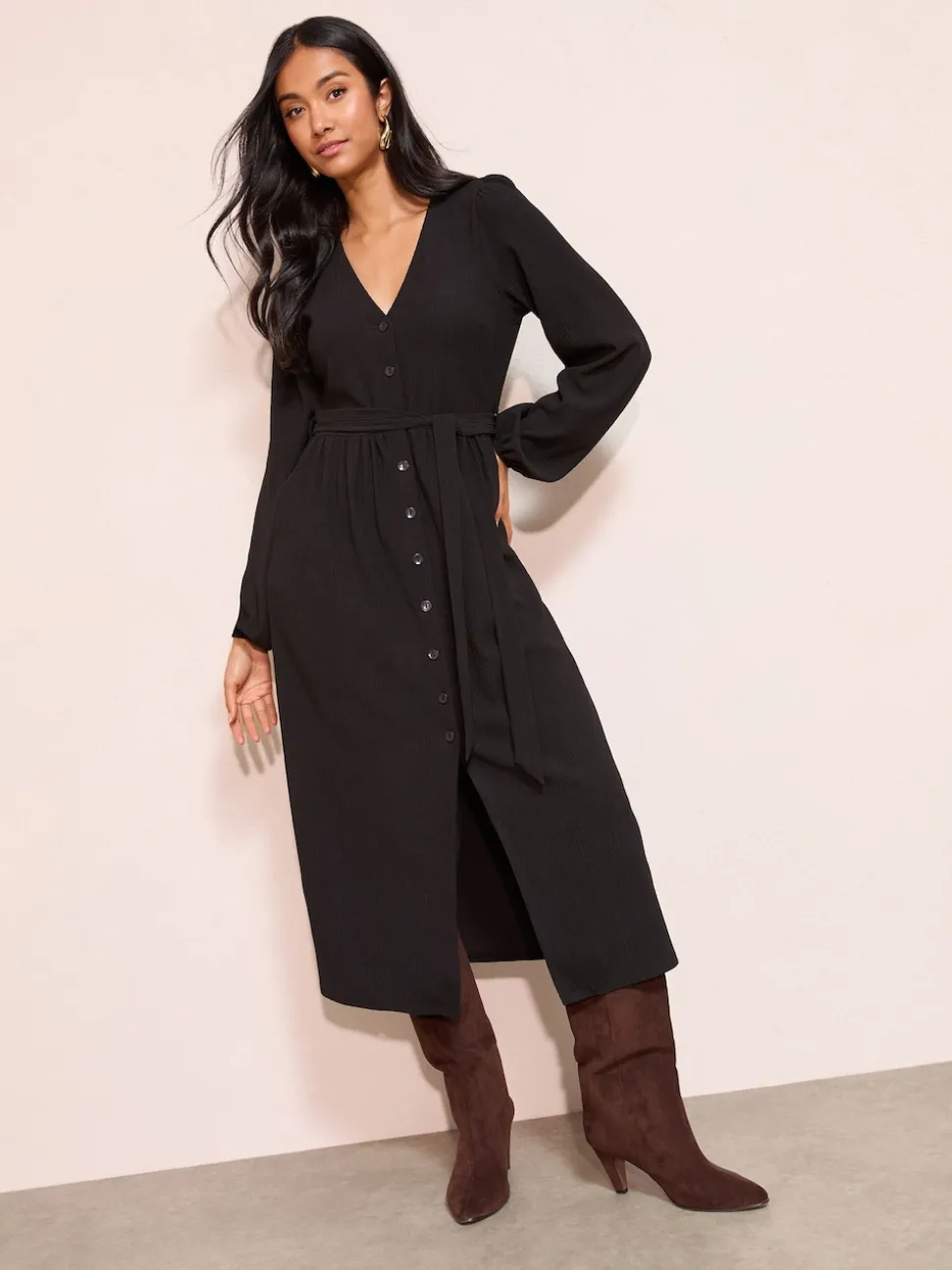 Friends Like These Black Long Sleeve Tie Waist Button Up Textured Midi Dress