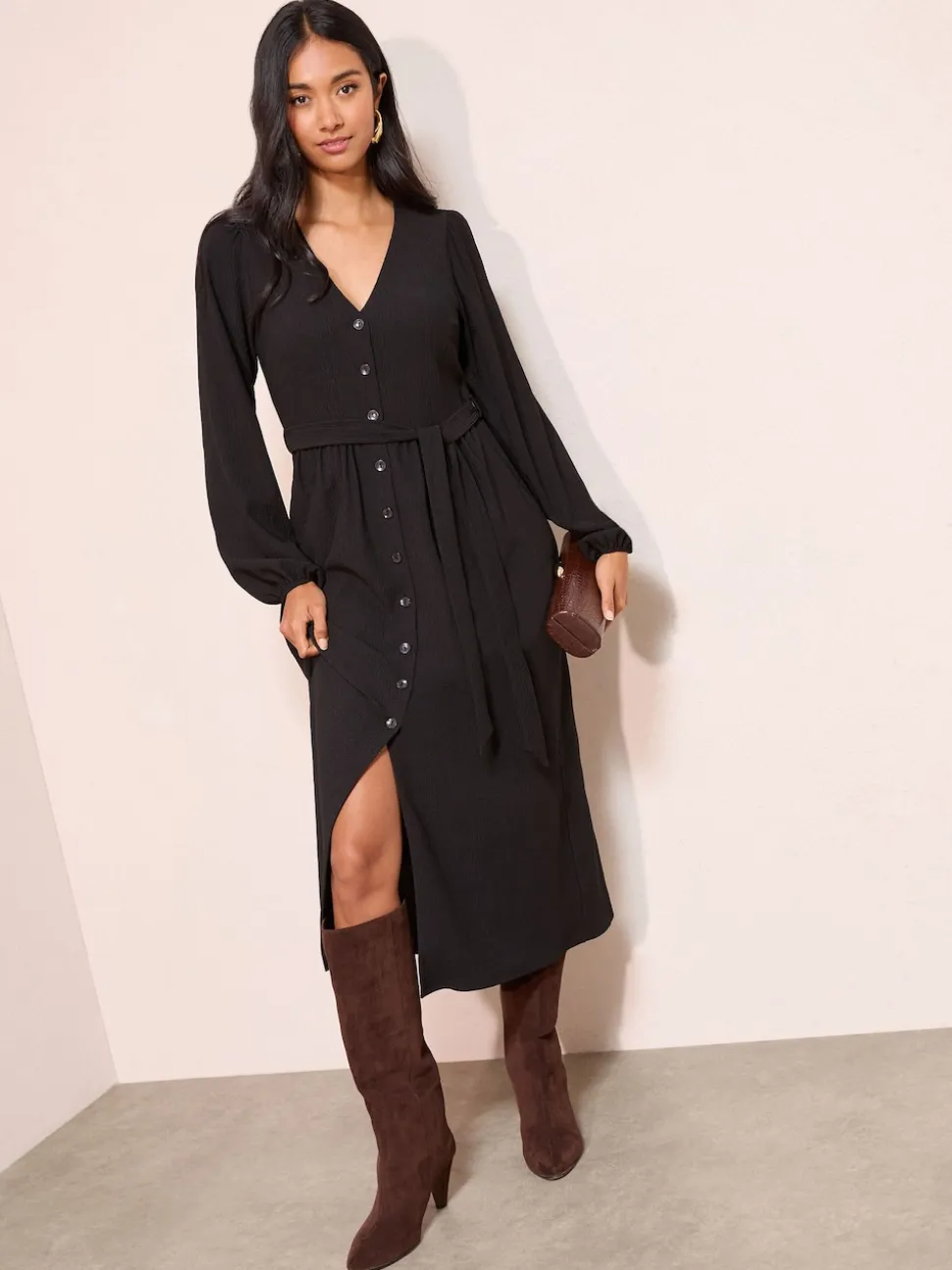 Friends Like These Black Long Sleeve Tie Waist Button Up Textured Midi Dress