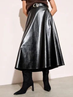 Friends Like These Black Faux Leather Belted Hem Midi Skirt