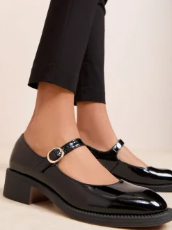 Friends Like These Black Low Block Heel Buckle Patent Faux Leather Maryjane Shoes