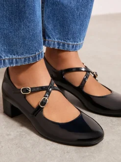 Friends Like These Black Wide Fit Faux Leather Cross Strap Low Block Heel Smart Maryjane Court Shoes