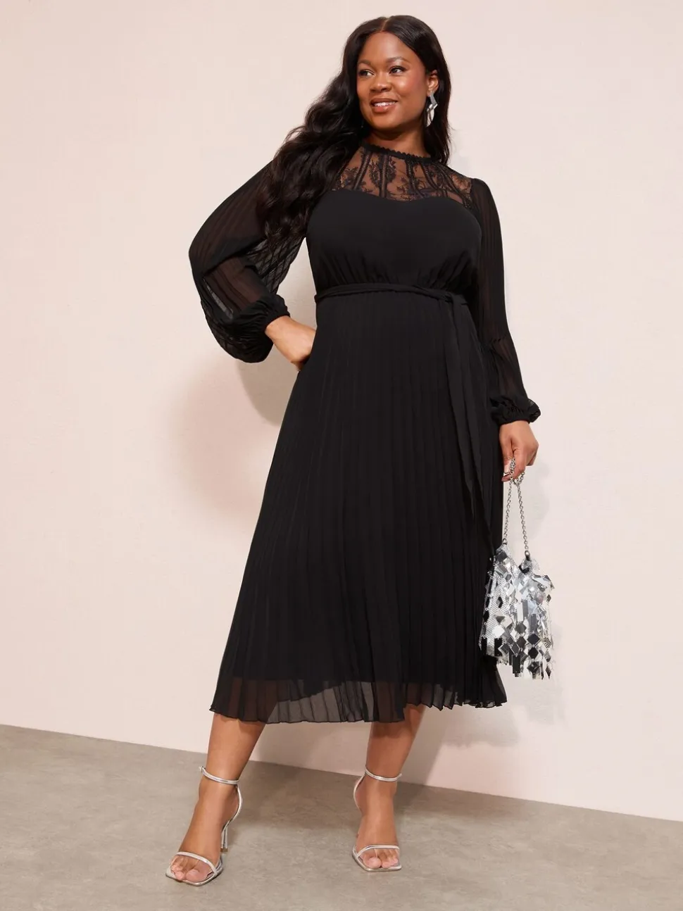 Friends Like These Black Curve Lace Yoke Long Sleeve Pleated Chiffon Midi Dress