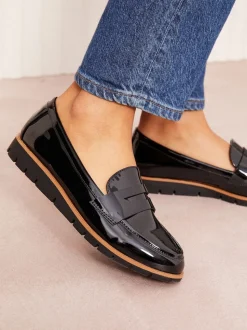 Friends Like These Black Wide Fit Comfort Patent Faux Leather Flat Loafers