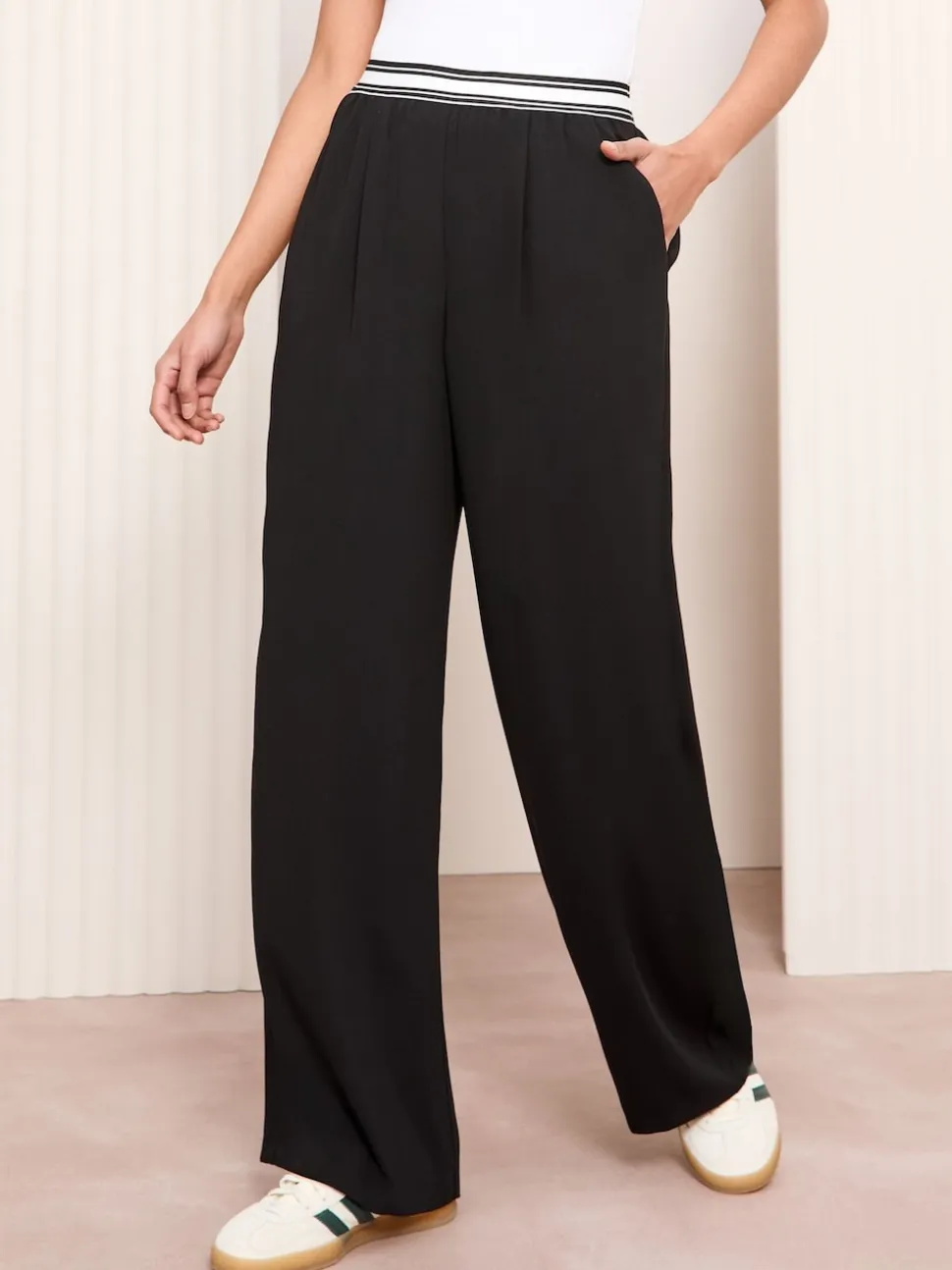 Friends Like These Black Stripe Elasticated Waist Wide Leg Trousers